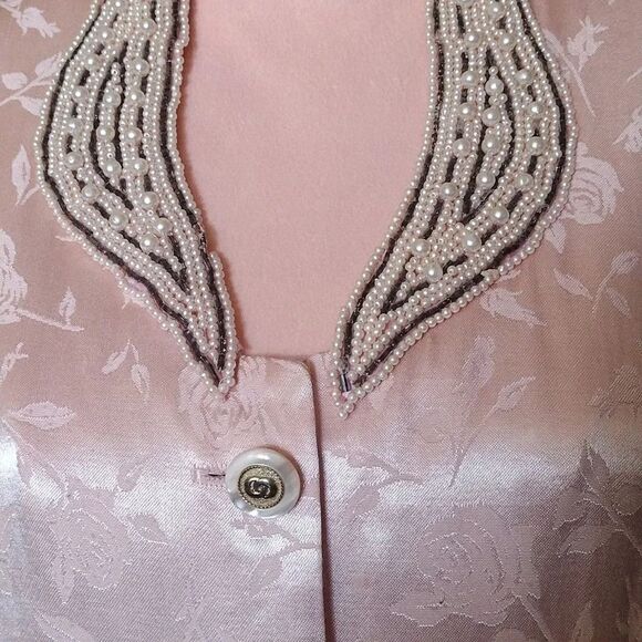 VTG 80s Pink Floral Satin Beaded Pearl Applique Button Up Cottagecore Blouse XL - Picture 5 of 17